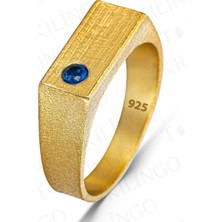 925 Ayar Gümüş Altın Kaplama Mavi Zirkon Taşlı Sade Erkek Yüzük