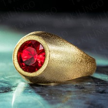 925 Ayar Gümüş Altın Kaplama Yuvarlak Kırmızı Ruby Taşlı Sade Erkek Yüzük