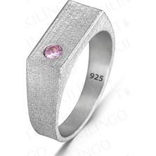 925 Ayar Gümüş Pembe Zirkon Taşlı Sade Erkek Yüzük