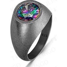 925 Ayar Gümüş Oksitli Yuvarlak Mistik Topaz Taşlı Sade Erkek Yüzük
