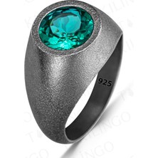 925 Ayar Gümüş Oksitli Yuvarlak Deniz Mavisi Zirkon Taşlı Erkek Yüzük