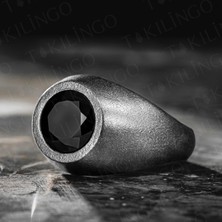 925 Ayar Gümüş Siyah Zirkon Taşlı Yuvarlak Oksitli Sade Erkek Yüzük