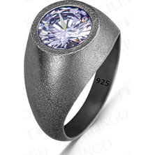 925 Ayar Gümüş Oksitli Yuvarlak Mavi Topaz Taşlı Sade Erkek Yüzük