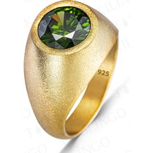 925 Ayar Gümüş Altın Kaplama Yuvarlak Peridor Olivin Taşlı Erkek Yüzük