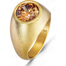 925 Ayar Gümüş Altın Kaplama Yuvarlak Şampanya Taşlı Sade Erkek Yüzük