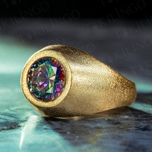 925 Ayar Gümüş Altın Kaplama Yuvarlak Mistik Topaz Taşlı Sade Erkek Yüzük