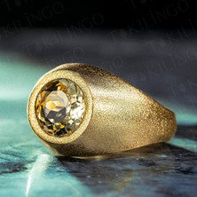 Mh-90 925 Ayar Gümüş Altın Kaplama Yuvarlak Limon Sarısı Zirkon Taşlı Erkek Yüzük