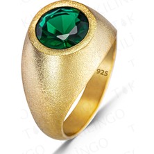 925 Ayar Gümüş Altın Kaplama Yuvarlak Yeşil Zirkon Taşlı Sade Erkek Yüzük