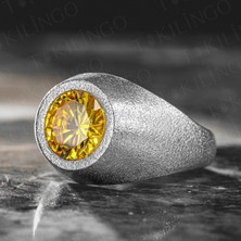 925 Ayar Gümüş Yuvarlak Sarı Sitrin Taşlı Sade Erkek Yüzük