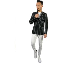 Agustini Siyah Beyaz Çızgili Kruvaze Mono Yaka Slim Fit Tek Ceket | Agustini