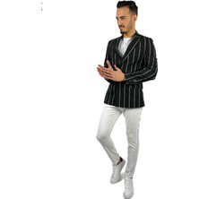 Agustini Siyah Beyaz Çızgili Kruvaze Mono Yaka Slim Fit Tek Ceket | Agustini