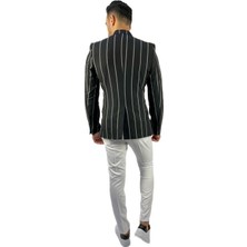 Agustini Siyah Beyaz Çızgili Kruvaze Mono Yaka Slim Fit Tek Ceket | Agustini