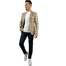 Agustini Bej Ekose Blazer Tek Ceket Sivri Yaka Regular Fit | Agustini
