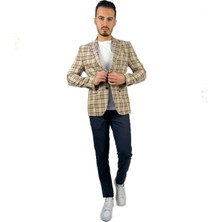 Agustini Bej Ekose Blazer Tek Ceket Sivri Yaka Regular Fit | Agustini