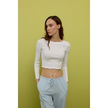 Kadın Beyaz Uzun Kollu Bisiklet Yaka T-Shirt