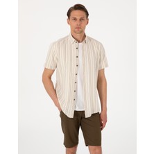 Pierre Cardin Erkek Bej Keten Karışımlı Çizgili Regular Fit Kısa Kollu Gömlek 50307092-VR011