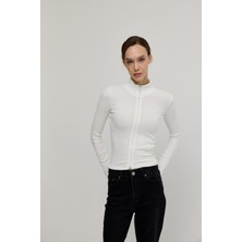 Kadın Ekru Renk Yarım Balıkçı Fermuarlı Crop Hırka