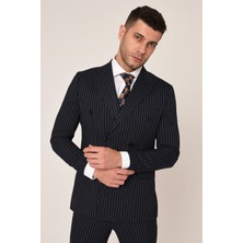 Lacivert Beyaz Çizgili,kruvaze Takım Elbise Slim Fit Italyan Stil | Agustini
