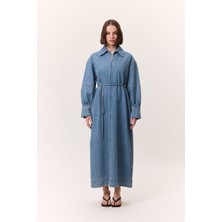 Manşet Detaylı Denım Elbise Açık Mavi