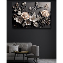 Kabartma Görünümlü Lüks Siyah Çiçekler Dekoratif Kanvas Duvar Tablo
