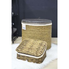 Mediterian Yeşil Puflu Oval Hasır Sepet Seti, Çamaşır ve Ekmeklik için ideal seçenek