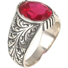 925 Ayar Gümüş Oval Kırmızı Taşlı Erkek Yüzüğü