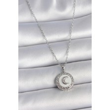 316L Çelik Gümüş Renk Zincir Beyaz Mineli Hilal Işlemeli Madalyon Model Kadın Kolye