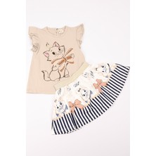 Kız Çocuk Takım Etekli Kedi Baskılı Kol Detaylı A66