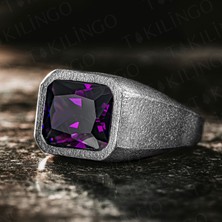925 Ayar Gümüş Oksitli Mor Ametist Taşlı Sade Erkek Yüzük