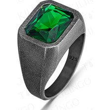 925 Ayar Gümüş Oksitli Yeşil Zirkon Taşlı Sade Erkek Yüzük