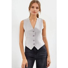 Kadın Gri Düğmeli Astarlı Yelek HZL25S-BD167961