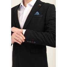 Siyah Kaşe Mono Yaka Tek Düğme Tek Yırtmaç Tek Ceket Slim Fit Kalıp | Agustini