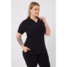Curve Büyük Beden Kadın Pamuklu Likralı V Yaka Basic Düz Kısa Kol Siyah Bluz