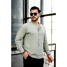 Valiberta Yarım Pat Hakim Yaka Oversize Müslin Kumaş Gömlek - Açık Haki