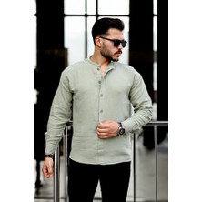 Valiberta Yarım Pat Hakim Yaka Oversize Müslin Kumaş Gömlek - Açık Haki