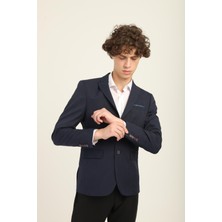 Lacivert Renk Kendinden Mendilli Sivri Yaka Iki Düğme Çift Yırtmaç Blazer Tek Ceket Slim Fit | Agustini