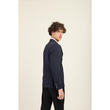 Lacivert Renk Kendinden Mendilli Sivri Yaka Iki Düğme Çift Yırtmaç Blazer Tek Ceket Slim Fit | Agustini