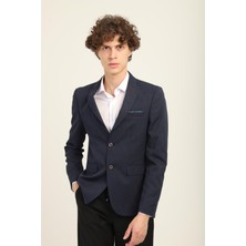 Lacivert Renk Kendinden Mendilli Sivri Yaka Iki Düğme Çift Yırtmaç Blazer Tek Ceket Slim Fit | Agustini