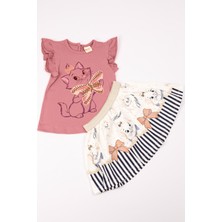 Kız Çocuk Takım Etekli Kedi Baskılı Kol Detaylı A66