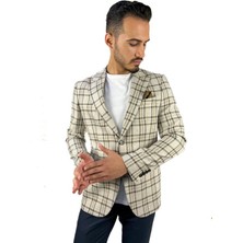 Ekru Renk Ekose Blazer Tek Ceket Sivri Yaka Regular Fit | Agustini