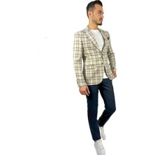 Ekru Renk Ekose Blazer Tek Ceket Sivri Yaka Regular Fit | Agustini