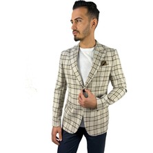 Ekru Renk Ekose Blazer Tek Ceket Sivri Yaka Regular Fit | Agustini