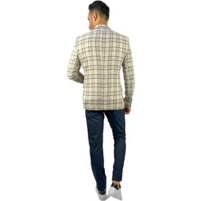 Ekru Renk Ekose Blazer Tek Ceket Sivri Yaka Regular Fit | Agustini