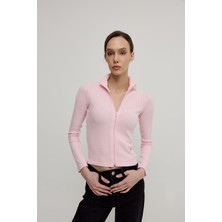 Kadın Pembe Renk Yarım Balıkçı Fermuarlı Crop Hırka