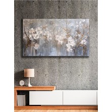 Yağlı Boya Görünümlü Gri Üstüne Beyaz Çiçekler Kanvas Tablo