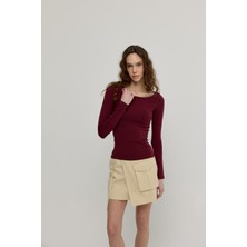Kadın Bordo Geniş Yakalı Uzun Kollu T-Shirt