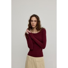Kadın Bordo Geniş Yakalı Uzun Kollu T-Shirt