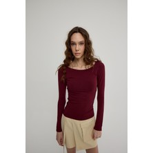 Kadın Bordo Geniş Yakalı Uzun Kollu T-Shirt
