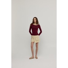 Kadın Bordo Geniş Yakalı Uzun Kollu T-Shirt