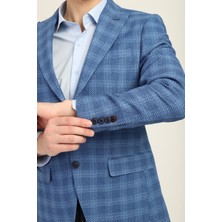 Lacivert Renk,kareli Desen,iki Düğme Çift Yırtmaç Sivri Yaka Slim Fit Kalıp | Agustini